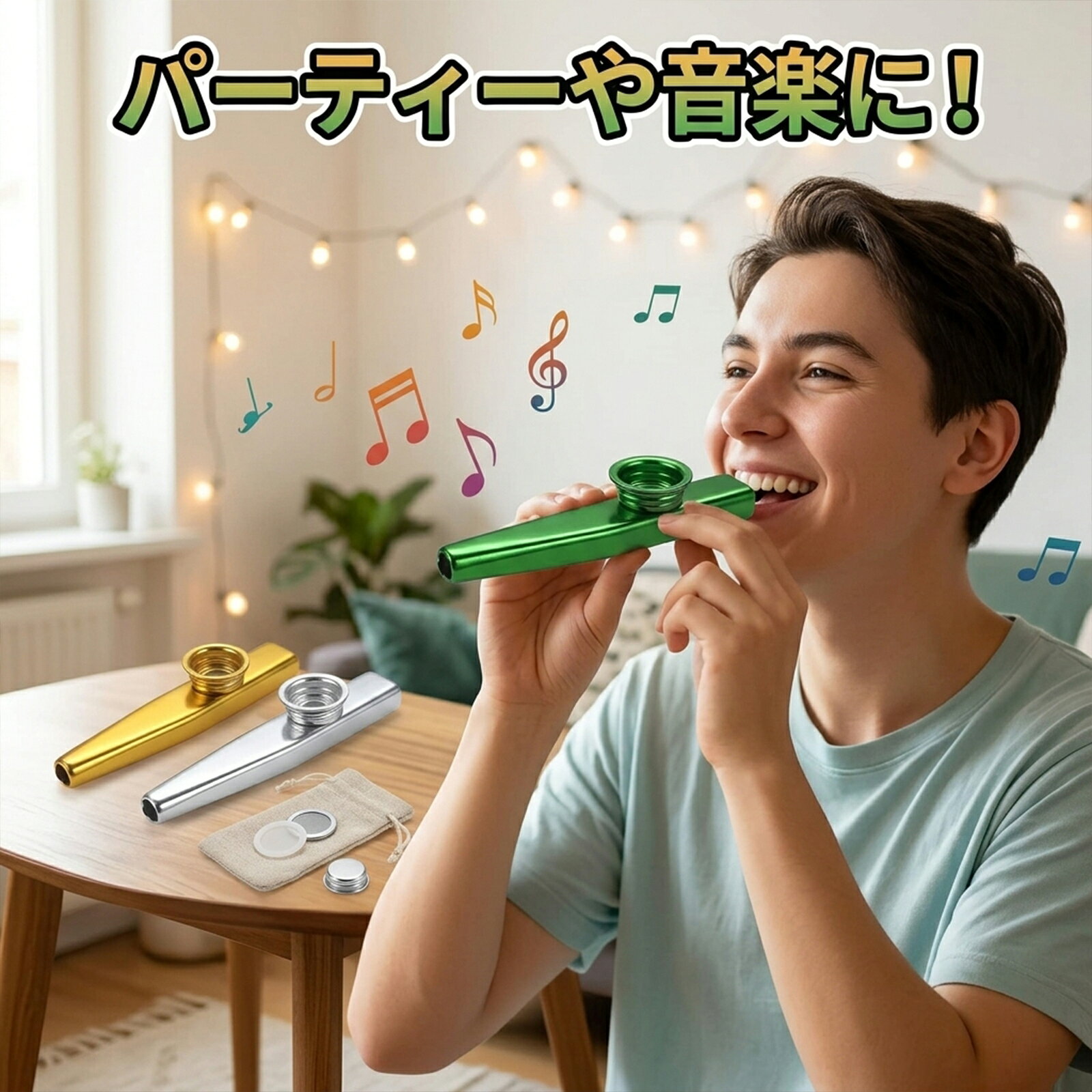 3個セット 金属製カズー メッキ仕上げ 振動膜付き 音楽愛好家向け 管楽器 （緑・金...