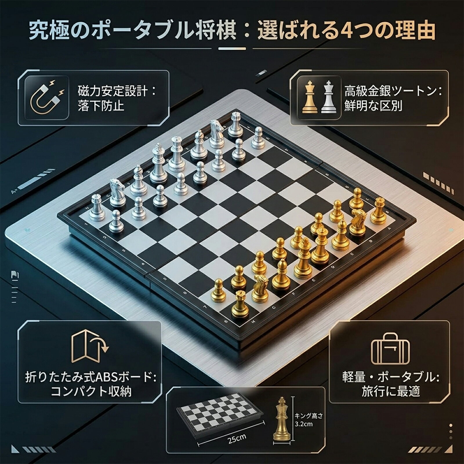ターンオーバーセラピーのトラベルチェスセット 20×20センチ マグネット搭載 折り畳み可能 収納しやすく 大人も子供も使える 旅行や入門に最適 駒は金銀仕様｜アングル3
