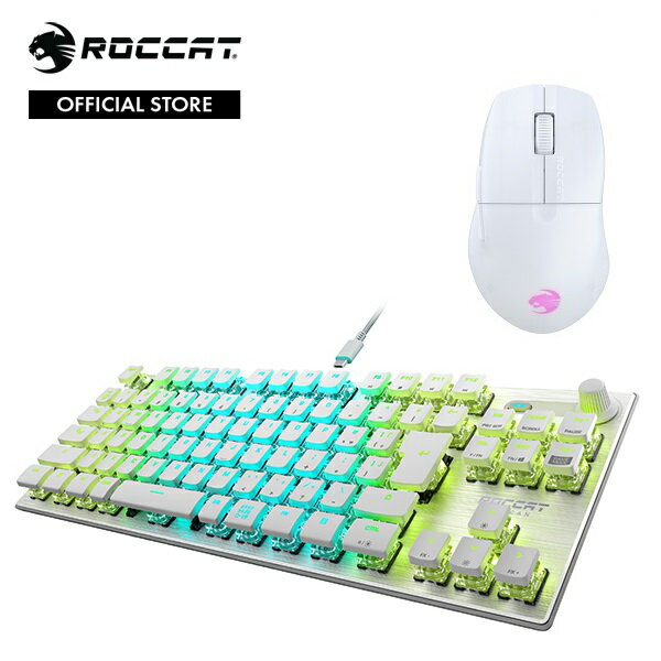 ・メーカー希望小売価格はメーカーカタログに基づいて掲載しています 製品構成 ・ROCCAT VULCAN TKL Pro テンキーレス 日本語配列 ・ROCCAT Pure Air 超軽量 54g ワイヤレスマウス ホワイト ・ROCCAT ELO 7.1 Air ゲーミングヘッドセット ホワイト ワイヤレスサラウンド RGB製品特長 ゲーマーに支持される Rccatの2点セット ※下記の画像はイメージです。 【構成品1：ROCCAT VULCAN TKL Pro テンキーレス 日本語配列】 受賞歴を持つ Vulcan がテンキーレスのフォームファクターとなり、ROCCAT の Titan Switch Optical の導入によりさらなる高みへと到達。 このスイッチは驚異的な光学技術によって生まれ、超高速のアクチュエーションと、かつてないほどの反応性を実現。 ROCCAT の驚異的な新技術である Titan Switch Optical や、求められるすべての機能が、小さくなったデザインの中に備わっています。 超高速、メカニカルな感触 ROCCAT の新技術 Titan Switch Optical によって、馴染み深いメカニカルなキーストロークの感触はそのままに、経験したことのない性能を体感できます。 各キーストロークを一切の遅延なく正確に認識するファームウェアによって、超高速化を実現。 極限の速さと倍の耐久力を持つ本製品には、ドローバックは文字通り一切皆無です。光学技術の粋がここにあります。 圧倒的な耐久性 キーボードは、航空機級のアルミニウムのレイヤーによって補強され、さらなる堅牢性と耐久性を備えました。 非接触の Titan Switch Optical 技術によって、業界標準の 2 倍である 1 億回ものキーストロークに耐えるスイッチが実現。 これらにより、Vulcan TKL Pro が物理的に壊れることは事実上なくなりました。 テンキーレスのフォームファクター テンキーレスのフォームファクターにより、ゲームをプレイする際に、自然で快適な位置に手を置くことができます。 デスク上にキーボードが占めるスペースが小さくなるため、マウスをより大きく動かせるようになり、エイミングの正確性が向上します。 トーナメントプロフィールストレージと取り外し可能な USB-C により、Vulcan TKL Pro はどこに持ち出しても一貫したパフォーマンスを保つことができます。 次世代の機能 薄型デザインによって手が水平に保たれ、長時間使用しても疲れにくくなります。 キースタビライザー技術によってぐらつきを防止し、丈夫で安定した状態を保ちます。追加機能として、ミキサースタイルのオーディオコントロールが指先一つで操作可能です。 AIMO インテリジェントライティングエンジン ROCCAT の AIMO ライティングエンジンは、対応機器間で細かい設定を行う必要なく、鮮やかで美しいイルミネーションを生み出します。 スイッチは透明なため AIMO はより鮮やかに光り、最高の見た目を演出します。 他の AIMO 機器と組み合わせれば、さらに美しく見えるでしょう。 【構成品2：ROCCAT Pure Air ワイヤレスマウス】 ROCCAT Pure Airワイヤレスゲーミングマウスは、10 年以上にわたる人間工学研究に基づいた設計により、54g の超軽量を実現しました。ワイヤレス2.4GHz またはBluetooth(R) の切り替えが可能で、最大125 時間のバッテリー駆動が可能です。 超軽量 重量わずか54g のピュア・エアは、高度なパフォーマンスを可能にするために作られた、バランスの取れた超軽量設計が特徴。 ステラーワイヤレス ブルートゥース デュアル・ワイヤレス・システムにより、2.4GHz のステラーワイヤレスとBluetooth を切り替えて使用することができます。 人間工学に基づいた形状 アイコニックなKone Pure のデザイン思想を継承しながら、長年にわたるエルゴノミクス・エンジニアリングを活用し、人の手になじむ使いやすいマウスとして設計されています。 長寿命＋急速充電 最大125 時間の連続バッテリー駆動で、夜通しゲームを楽しめます。急速充電なら、10 分の充電で5 時間のゲームが可能です。 その他の魅力的な特長 低遅延2.4GHz ワイヤレス+ Bluetooth 接続 26K DPI Owl-Eye 光学式センサー により、トラッキングスピードは最大650 IPS IPS（16.5m/s s） 新しく改良されたチタンオプティカルスイッチによるプリテンションクリック（クリック寿命1 億回） 最大125 時間のバッテリー（Bluetooth モード時） 左右非対称のエルゴノミックデザイン 半透明のシェルデザイン RGBイルミネーションロゴ ピュアPTFE スケートの滑らかさ サイドに配置されたDPI ボタン 1.8m USB-C USB-A PhantomFlex 充電ケーブル 【構成品3：ROCCAT ELO 7.1 Air ゲーミングヘッドセット】 ワイヤレスサラウンドサウンド ROCCAT ロキャット Elo 7.1 Air ワイヤレスサラウンドサウンド RGB ゲーミングヘッドセット 周波数特性 2.4GHz トランスミッター24 時間持続する充電バッテリー ダイナミックフィット Elo 7.1 Air は、どんなゲームプレイヤーの頭部にもフィットします。自動調整機能付き金属製ヘッドバンドと回転するイヤーカップのヒンジが柔軟性を高め、頭部にフィットして重さを感じさせません。 さらなる心地よさ Turtle Beach の ProSpecs Glasses Relief System を備えた高品質なメモリーフォームのイヤークッションには、さらに柔らかいデュアルフォームイヤークッションが採用され、眼鏡をかけたプレイヤーでも快適にゲームを楽しむことができます。 高品質の 7.1 サラウンド 精密に調整された 50mm ネオジムドライバから流れる高品質の 7.1 サラウンドサウンドは、他の追随を許しません。360° から迫りくるサウンドによって敵の位置をピンポイントで把握し、ゲームを優位に進められることから、これをビジュアルオーディオと名付けました。 重要なゲーム内サウンドを増幅 ステレオまたは 7.1 モードで Superhuman Hearing をオンにすると、ゲーム内の重要なサウンドが自動的に増幅されます。オーディオを制するものは、ゲームを制します。 聞き取りやすいクリアな通信音声 TruSpeak のマイク技術が実現する、デジタルの世界でもリアルと変わらない音声。チームメイトとの会話が途切れ途切れになることはもうありません。聞き取りやすいクリアな音質で自然な音声通話が可能です。単一指向性のノイズキャンセリングマイクは取り外し可能。 マイクモニタリングを使用すれば、チームメイトに叫ぶ必要はなくなります。プレイバックモードにより、自身の声を聞きながらイヤーカップ上で音量調整が可能。 24 時間持続する長持ちバッテリー Stellar Wireless 技術により、24 時間持続する充電バッテリーで 1 週間以上ゲームを楽しむことができます。 ワイヤレス化の代わりにパフォーマンスの下がる時代はもう終わりです。Stellar が有線と同等、あるいは多くの場合にそれ以上のデータ転送性能を実現します。接続性は完全にストレスなく、どんなシチュエーションでも安定します。 AIMO インテリジェントライティング AIMO イルミネーションエコシステムがオーガニックなライティングを演出し、セットアップを新たな境地へ。面倒な設定をすることなく、AIMO 対応の他のデバイスと同期し、鮮やかで最先端の機能美を楽しめます。AIMO で Elo 7.1 Air はさらに美しく。 製品仕様・お問い合わせ先 構成品1：キーボード 型番：ROC-12-647 JANコード：0731855526475 製品仕様はこちらを参照ください 構成品2：マウス 型番：ROC-11-469-05 JANコード：0731855514694 製品仕様はこちらを参照ください 構成品3：ヘッドセット 型番：ROC-14-142-02 JANコード：0731855540433 製品仕様はこちらを参照ください 保証期間 2年間 製品構成 ・ROCCAT VULCAN TKL Pro テンキーレス 日本語配列 ・ROCCAT Pure Air 超軽量 54g ワイヤレスマウス ホワイト ・ROCCAT ELO 7.1 Air ゲーミングヘッドセット ホワイト ワイヤレスサラウンド RGB