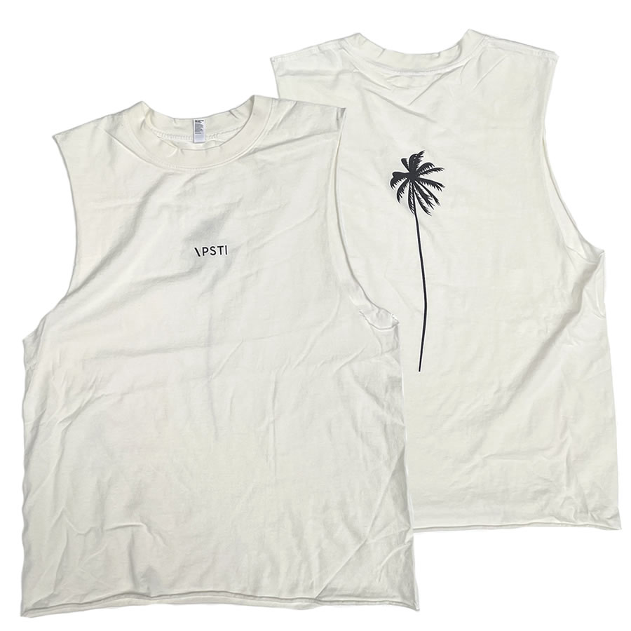 PACIFIC STANDARD TIME /PALM TREE NON-SLEEVE - VINTAGE WHITE / ノースリーブ タンクトップ / MADE IN USA / カリフォルニア LA サーフブランド スケートブランド マッスルタンク パームツリー ヤシの木 オフホワイト 白