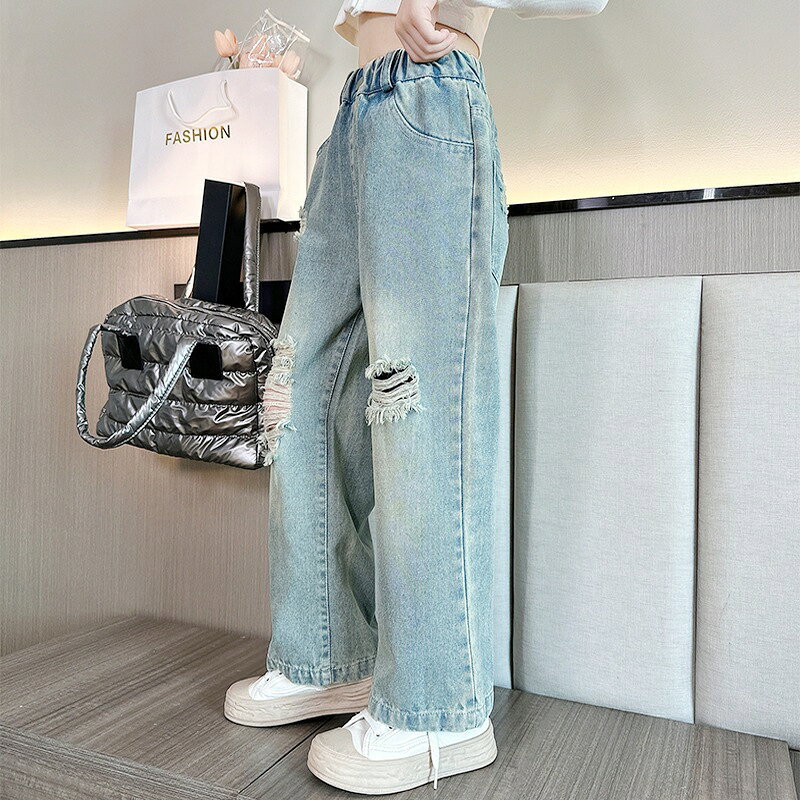 キッズ 女の子 ダメージデニム ワイドパンツ ゴムウエスト 子供服 ジュニア おしゃ...