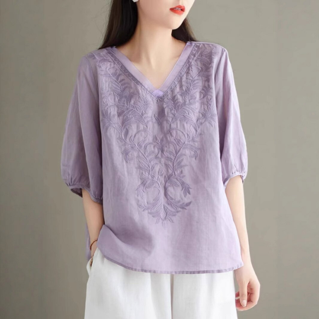 Rakuten - 半袖tシャツ 刺繍 V ネック ブラウス レディース 5 分袖 ゆったり リネン混 トップス 夏 涼しい 大人カジュアル ラベンダー 二の腕カバー 体型カバー