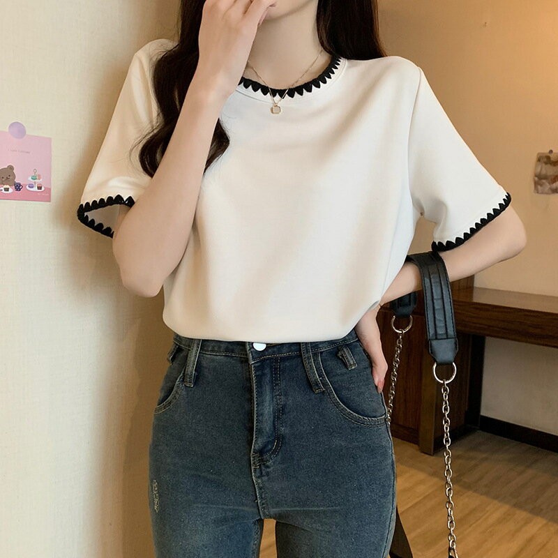 Rakuten - レディース 半袖 Tシャツ 丸首 コントラストトリム ゆったり 柔らか 通勤 カジュアル 夏用 トップス
