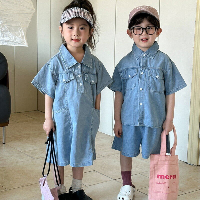 樂天商城 - デニム セットアップ キッズ 兄妹 ベビー服 男の子 女の子 ロング ワンピース 子供服 シャツ 半袖 ショートパンツ デニムパンツ 夏服 おしゃれ 可愛い トップス