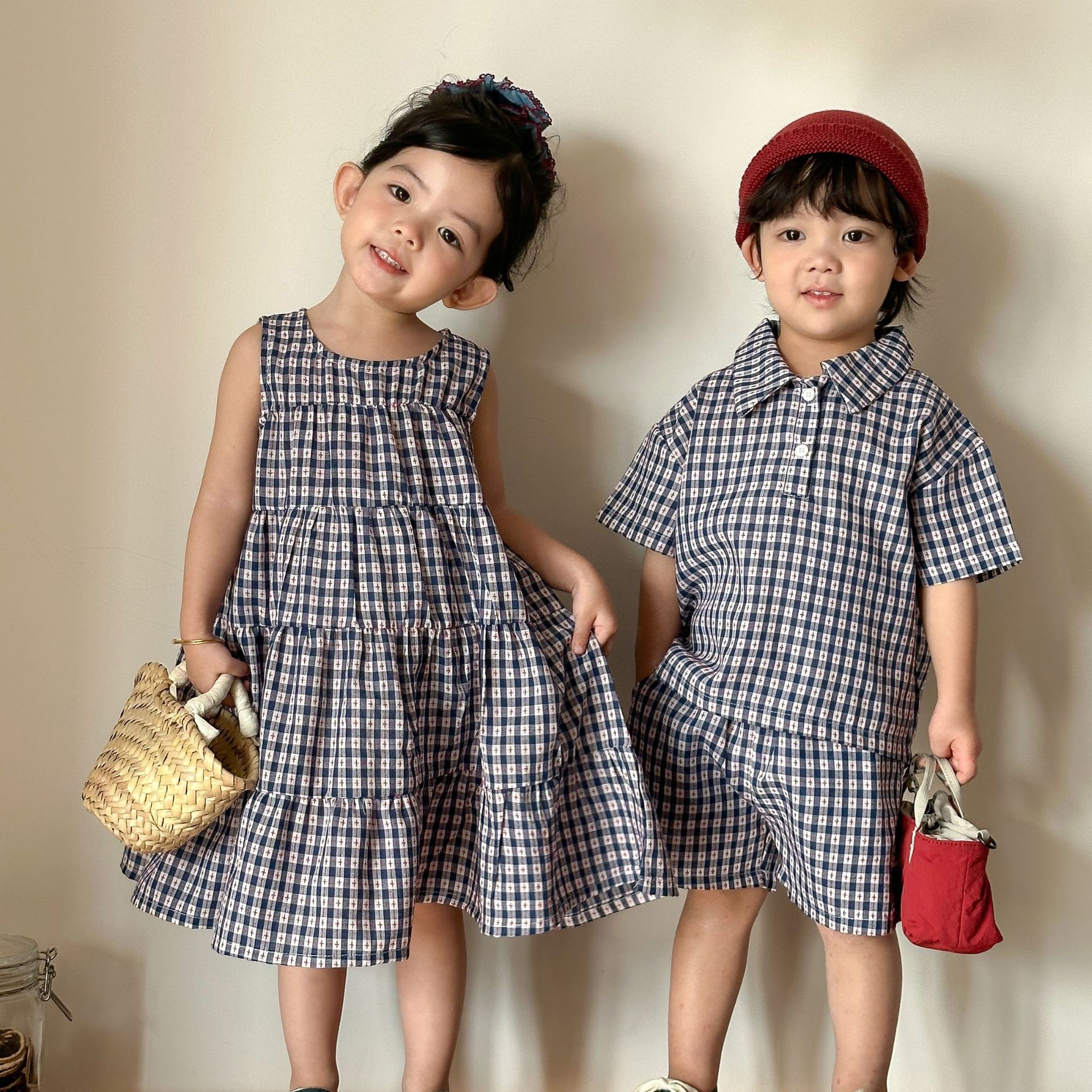 乐天商城 - セットアップ キッズ 兄妹 ワンピース 女の子 ベビー服 男の子 上下セット 夏服 シャツ 半袖 綿 ショートパンツ 子供服 ワンピース トップス ハーフパンツ