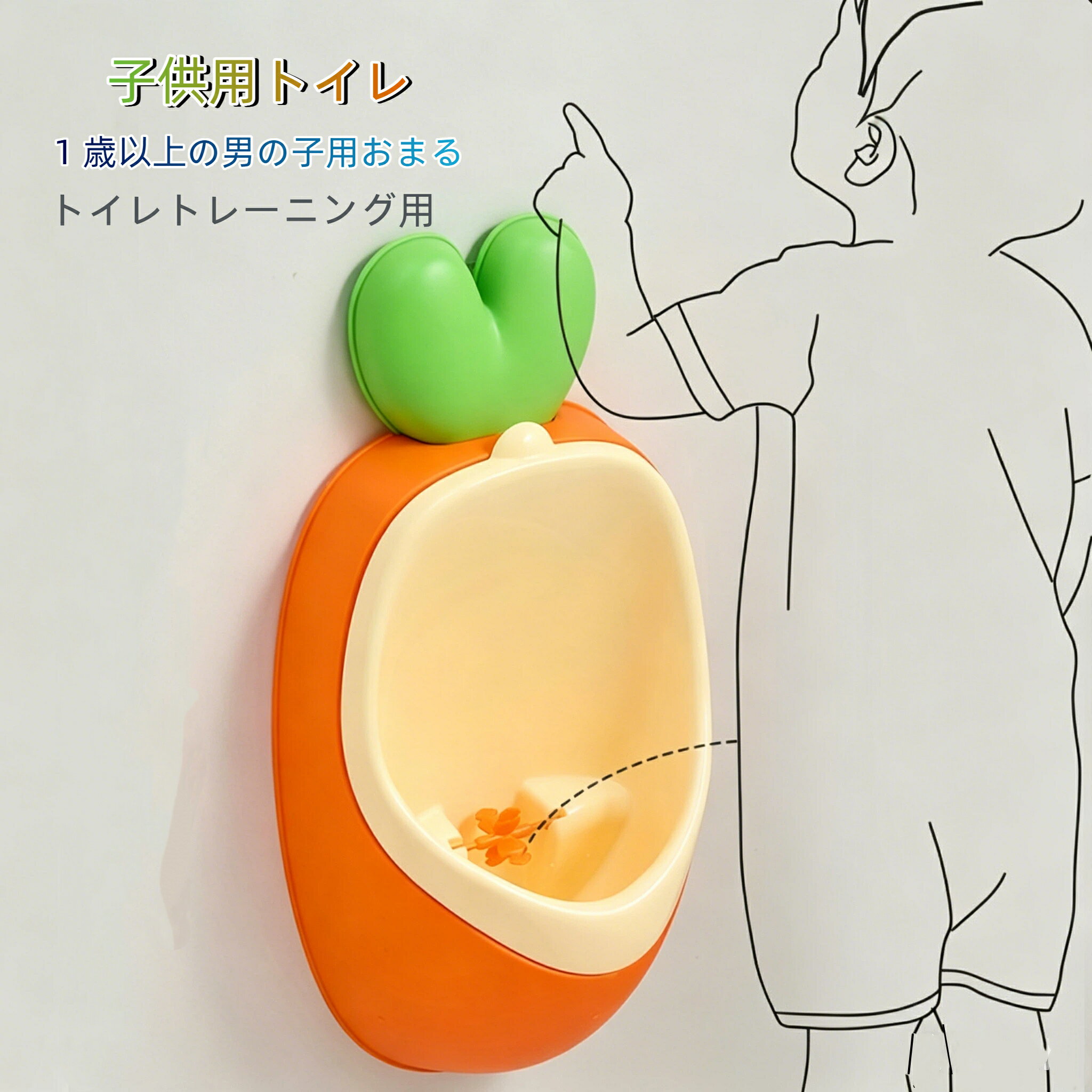 材質：PP男の子用小便器型のおまるです。にんじんのデザインがとってもかわいくて、楽しくトイレトレーニングできそう&nbsp;風車が回って楽しい＆飛び散り防止！おしっこが当たると風車がくるくる回る仕掛け付き！お子さまの興味を引くだけでなく、飛び散りも防いで清潔に使えます。