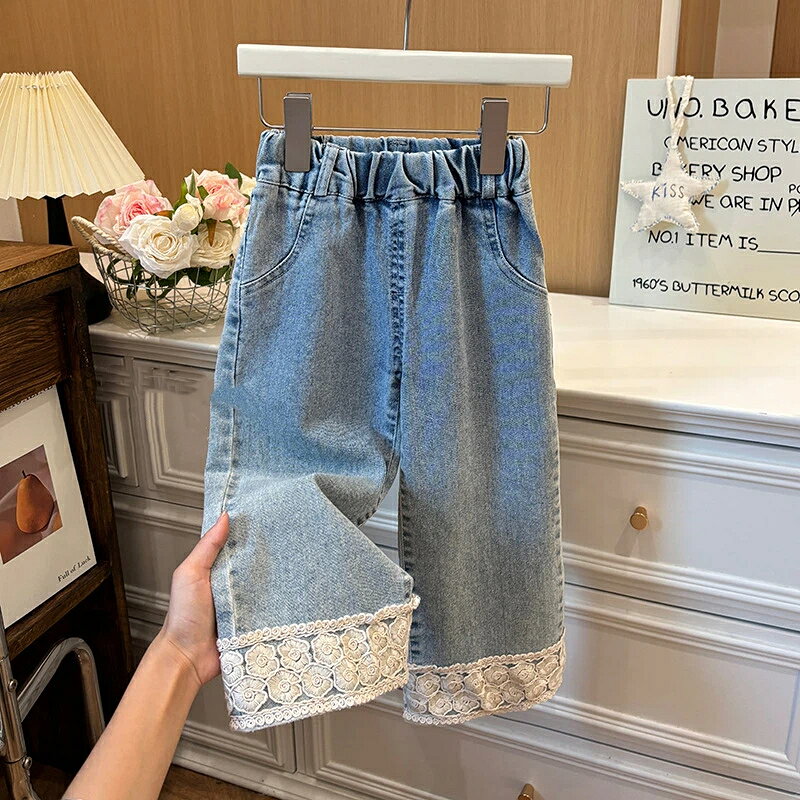 デニムパンツ 女の子 ジーンズ 裾レース ストレートパンツ 春秋 キッズデニムパンツ ゴムウエスト 可愛い 90‑140cm 子供服