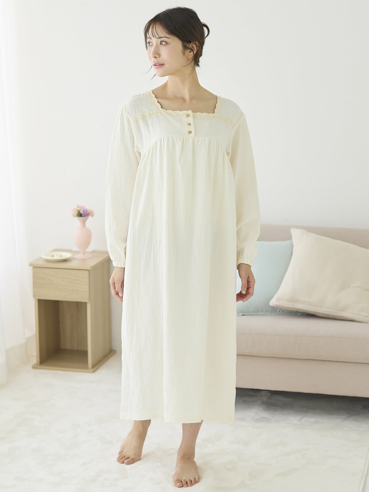 綿100％ダブルガーゼスクエアレースワンピース レディース ルームウェア パジャマ ワンピース コットン 綿100％ 長袖 ロング丈