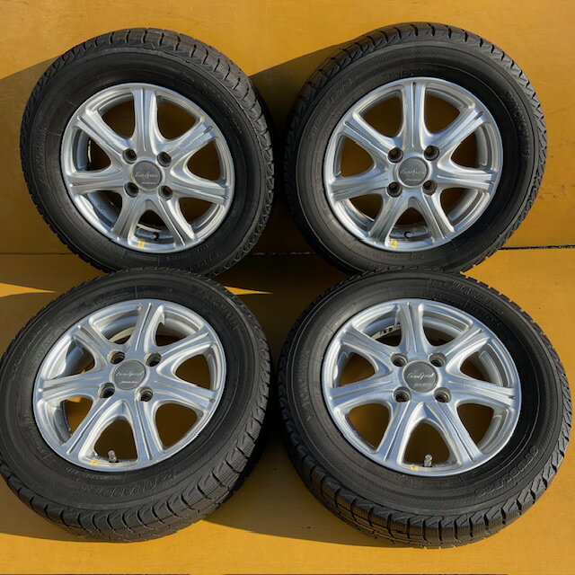 【中古】2014年日本製スタッドレス165/65R13＋オシャレなアルミホイール4J15+43、100/4穴4本SETリオ70ストリートHHタウンボックスU60トッポ、ミニカH20キャロルAAACディアスワゴンS300・エブリイワゴン64W・17Wアトレーワゴン320