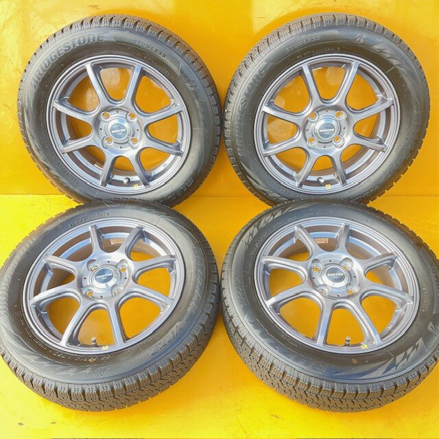 【中古】 2021年 日本製 6分山ブリヂストン、スタッドレス155/65R14＋バスター、アルミホイール4本1台分SET4.5J14+45、100/4HN-BOX・NーONE・デイズ・MR・ラパン・ワゴンR・スペーシア・ウェイク・タント・イース・ミラ・キャンバスなど