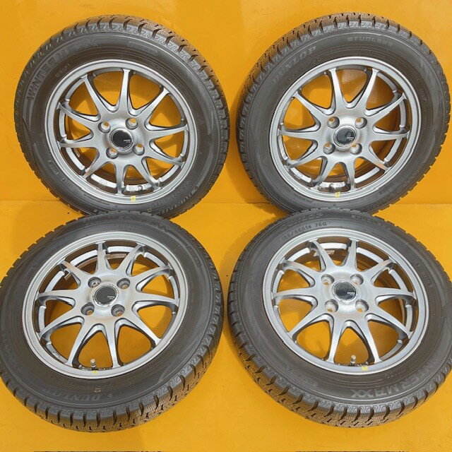 【中古】 2021年 日本製 7分山ダンロップ、スタッドレス155/65R14＋ザック、アルミホイール4本1台分SET4.5J14+45、100/4HN-BOX・NーONE・デイズ・MR・ラパン・ワゴンR・スペーシア・ウェイク・タント・イース・ミラ・キャンバスなど