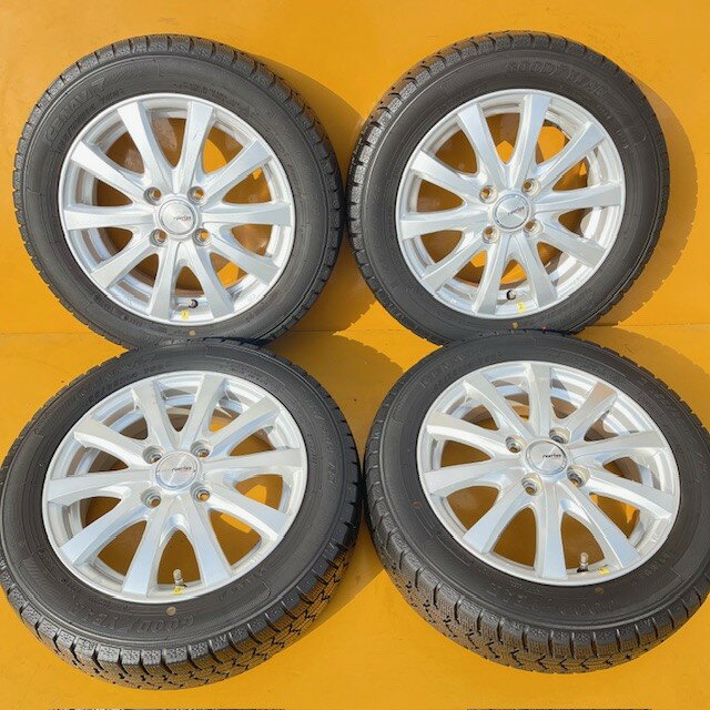 【中古】 2022年 日本製 7分山グッドイヤー、スタッドレス155/65R14＋ウエッズ、アルミホイール4本1台分SET4.5J14+45、100/4HN-BOX・NーONE・デイズ・MR・ラパン・ワゴンR・スペーシア・ウェイク・タント・イース・ミラ・キャンバスなど