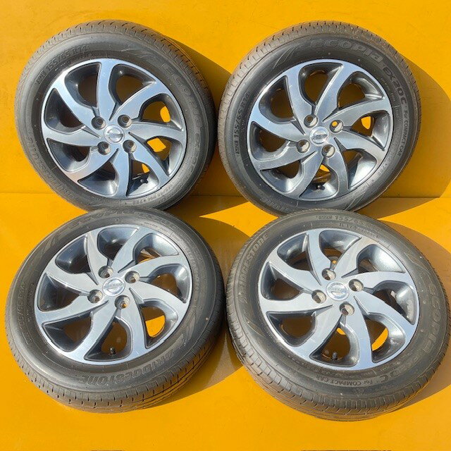 【中古】 日本製タイヤ ブリヂストンエコピア155/65R14＋ニッサン純正アルミホイール「スズキOEM」4本1台分SET4.5J14+45、100/4Hモコ・ピノ・フレア・キャロル・AZワゴン・MRワゴン・ラパン・ワゴンRなど