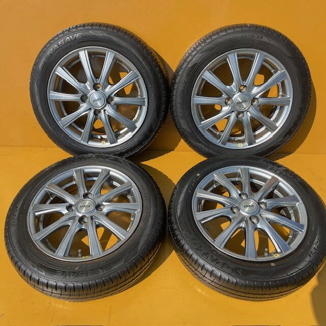 【中古】 日本製タイヤ ダンロップ EC204155/65R14＋DOSアルミホイール4本1台分SET4.5J14+43、100/4HN-BOX・NーONE・デイズ・ek・MRワゴン・ラパン・ワゴンR・スペーシア・ウェイク・タント・イース・ミラ・キャンバスなど