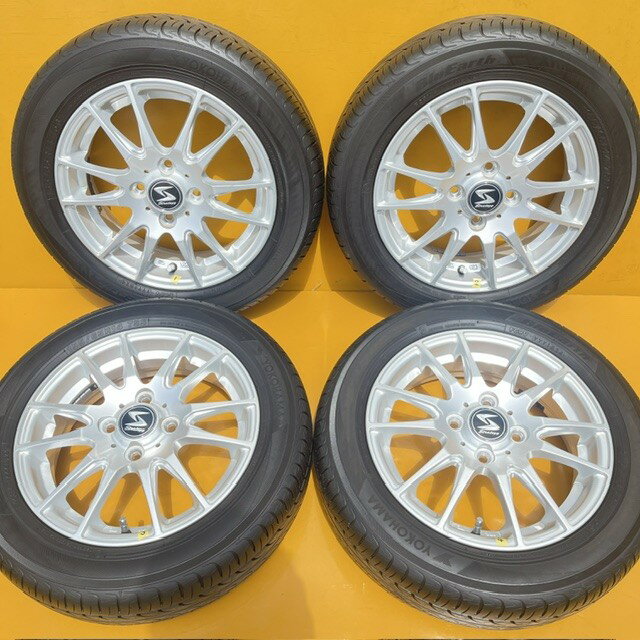 【中古】2024年日本製タイヤヨコハマブルーアースAE01K、155/65R14＋ホットスタッフアルミホイール4本1台分SET4.5J14+45、100/4HN-BOX・NーONE・デイズ・ek・ラパン・ワゴンR・スペーシア・ウェイク・タント・イース・キャンバスなど