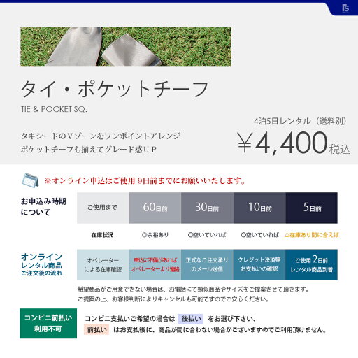 お洒落なコーディネートが出来る タキシード用 タイ&チーフ 324Eエンジ★レンタル4泊5日★選べるユーロタイor蝶ネクタイ