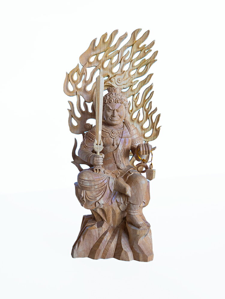 【総高34cm】不動明王 木彫 仏像一刀彫 / 素材：欅（縁起物,置物,不動明王像,木彫り,お守り）~