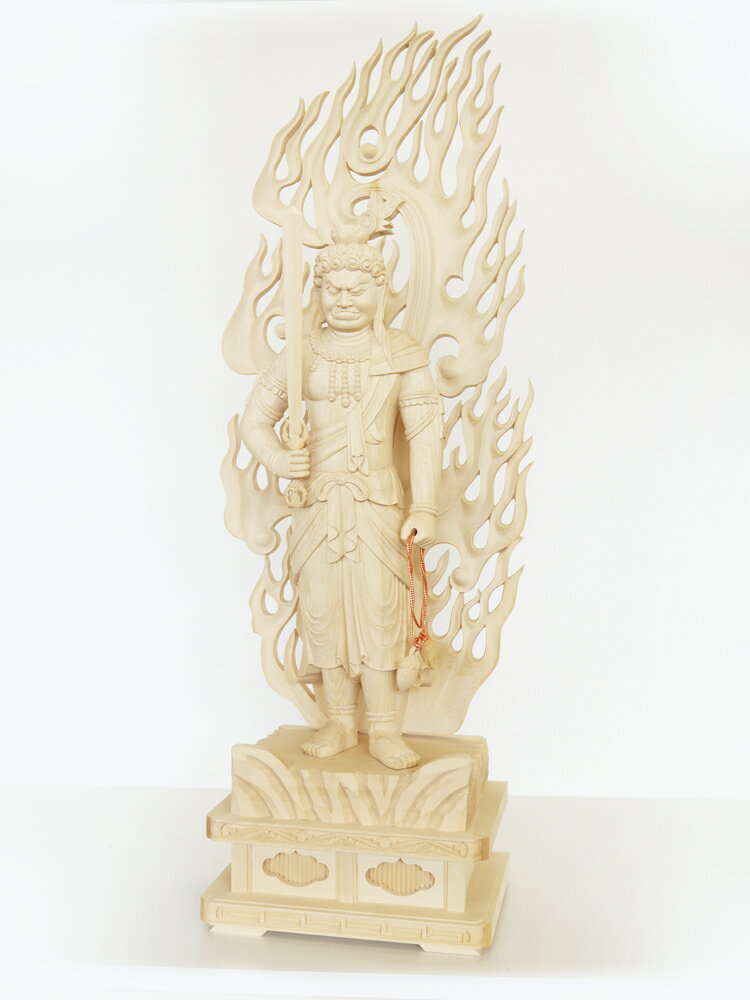 【総高72cm】不動明王 木彫 仏像 一刀彫 / 材質:ひのき(置物,縁起物,お守り,不動明王像,木彫り)~