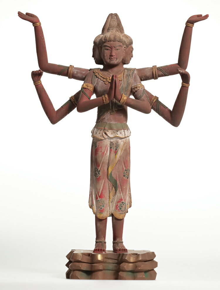 【総高34cm】阿修羅 木彫り 仏像 置物 一刀彫 / 素材：椴松