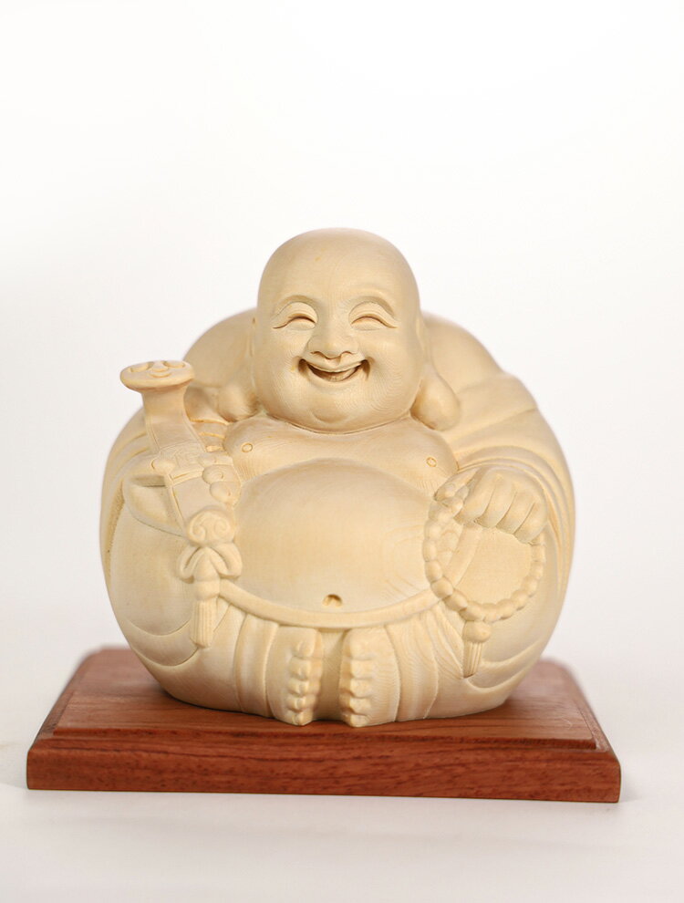 【総高13cm】布袋様 木彫り 置物 一刀彫 / 素材：ひのき（布袋尊,布袋さん,縁起物,木彫）~