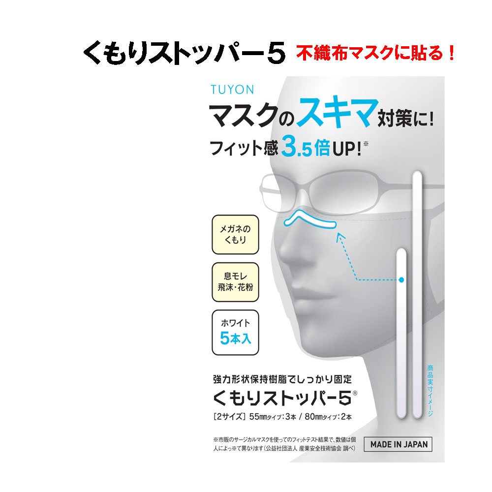 マスクのすき間を防ぎ、メガネの曇りをストップ マスクを付けると、メガネが曇るという多くの方の苦情を一挙に解決！ ノーズワイヤー付マスクをしてもメガネが曇る という人の声をもとに考案されました。 2013.1.28：【くもりストッパー5の紹介】（読売新聞・くらし面） 「 花粉症対策　マスクに工夫あり」でマスクに貼るだけで、隙間を塞ぐと　紹介されました。 2010.12.24：【日経MJ（日経流通新聞）】：「新製品」に： 「newくもりストッパー5」が　「マスク装着でも眼鏡曇らず」と紹介されました。 マスクにすき間があると　マスクの効果は半減！ マスクの形は同じでも、人の顔の形は千差万別、 買ったマスクがそのままお顔にフィットするなんて なかなかうまく行きません。 マスクを着けるとメガネが曇る原因は、 マスク上部から息が漏れるから！ 鼻上部の両側をしっかり防ぐこと！これが大切。 その原因は何か？ ツーヨンの長年研究で、その原因はわかってきました。 付いているノーズワイヤーの長さが調節できないからです。 鼻の山の高い方、低い方、其々にあった長さにあわすと、 ぴったりフィットします。 　しかし、一般的には、既存ノーズワイヤーは長さが調節できないだけでなく、長過ぎるです。 　ノーズワイヤーの端は、鼻の山の付け根で終わらなければなりません。 　長すぎると、逆にマスクを前に押し出してしまうのです。 　従ってマスクを顔にすき間が発生します。息が漏れる原因、メガネが曇る原因です。 そこで、このメガネ曇り防止　new「くもりストッパー5」 自分のマスクに鏡を見ながら　まず、5．5cmを 貼り付けるだけ！ 使い捨てではありません。テープの粘着力が落ちるまで、4，5回使えます！ くもりストッパー　カラー：ホワイト　 8cm×4mm　2本 5.5cm×4mm　3本　　 素材：樹脂部分　ポリエチレン 1セット：3パック入り（合計15本） 使用上のご注意　 ＊　くもりストッパーの端は鋭く尖った部分がありますので、充分に注意して取り扱った下さい。 ＊　ハサミ等でカットした後も、尖った状態になりますのでより注意してください。 ＊ お子様の手の届く所に置かないようにお願いします。 ＊ マスクを洗濯する時は、くもりストッパーを外して下さい。 　 ＊　くもりストッパーの粘着力は強くしてありますが、 3．4回程度貼ったり剥がしたりの繰り返しで粘着力は低下します。その時は新しいくもりストッパーを使用して下さい。 焼却しても灰の発生が少なく、有毒ガスも出ません。 商標登録登録済 実用新案登録済 その他の商品は、こちらからご覧になれます。●パッケージを変更しました2022年3月 ◆市販の不織布マスクに「くもりストッパー5」 を付けることで、隙間が防げることがわかりました。 マスクの裏面（内側）に貼ることも可能 商品説明 内容 　　1パック（55mm×4mm　3本、80mmm×4mm 2本）×3パック 素材 樹脂部分：ポリエチレン※燃やしても有毒ガスが　出ない素材です その他の商品は、こちらからご覧になれます。