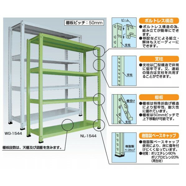 特徴 簡単ボルトレス構造なので組立て、中板移動、解体が間単に出来ます。 ●寸法:W900×D750×H2100mm ●段数:5段 ●耐荷重(棚1段当り):300kg ●耐荷重(棚1連当り):2000kg ●本体色:グリーン ●50mmピッチ...