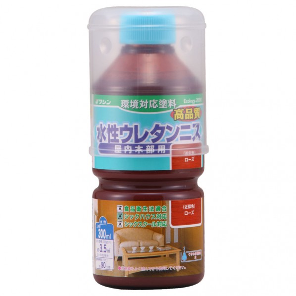 特徴 ●特徴:臭いが少なく、扱いやすい水性の塗料です。 乾くと硬い塗膜ができるので、棚など実用的なものにも使えます。 完全に乾いた後であれば、水拭きすることもできます。 食品衛生法に適合しているので、お子様のおもちゃや食卓にもお勧めです 溶剤の臭いが苦手な方や食品を扱う店舗、 お子様やペットがいるご家庭で特に好まれています。 ※色をうすくしたい合は、同商品の「Qクリヤー」を加えてください。 ※透明クリヤーとつや消しクリヤーは白い液体ですが、乾くと無色透明になります。 ●用途:屋内で使用する木製家具や木の工作品、屋内木部(床、手すりなど) ●乾燥時間:約90分(20°C) ●塗り面積(2回):3.5m2(タタミの広さで約2枚分) ●建築基準法:F☆☆☆☆ ●塗料タイプ:アクリルウレタン系エマルション塗料 ●塗膜の仕上がり:硬い塗膜 ●うすめ方:原液のまま使用できます。 塗りにくい場合は水(水道水)を加えてください。 ●用具の手入れ:ハケなどの塗装用具は、使用後すぐに水(水道水)で洗ってください。 ●注意事項:テーブル等、特に強度を要する作品の場合は、全ての塗装が終わってから1週間〜10日乾燥した後、使用してください。 仕様 サイズ 300ml カラー ローズ 重量