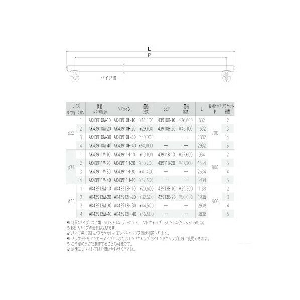 Asano ステンレス製壁付手摺 自在L型ブラケット仕様(ヘアライン) φ34×4M AK43911H-40 1個 2