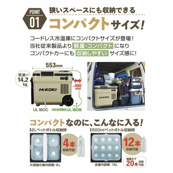 HiKOKI(ハイコーキ) 14.4/18V コードレス冷温庫 蓄電池別売り 18L フォレストグリーン UL18DC(NMG) 現場 保冷 保温 持ち運び 日立工機 ハイコーキ 充電式 充電 冷蔵庫 CW180DZ 保冷温庫 充電機能 冷凍 キャンプ CW001GZ CW003GZ UL18DB USB PD 1台