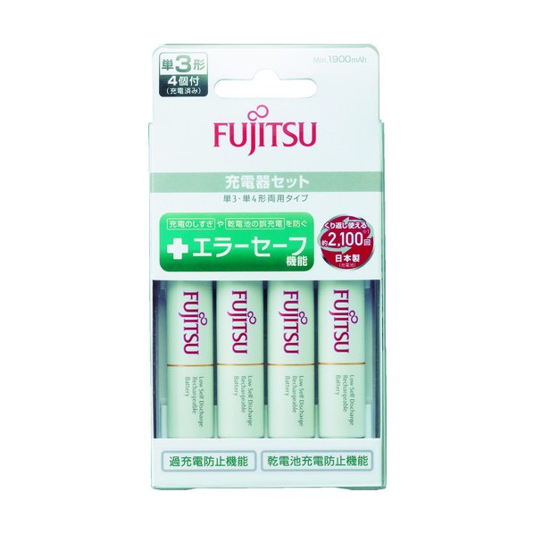 特徴 ■特徴 単3形、単4形ニッケル電池・水素充電池の混合充電が可能です。 満充電を検知し充電をストップします。 過充電防止機能付のスタンダード充電器です。 単3形、単4形の混合充電が可能です。 ■用途 ゲーム機器 シェーバー ストロボ デジカメ 携帯充電器 電動歯ブラシ ビューティー機器 ■仕様 ニッケル水素単3形・単4形両用 AC100-240V対応 付属電池容量：min.1900mAh 単3形/min.1900mAhタイプの充電時間：約6時間 単3形/min.2400mAhタイプの充電時間：約8時間 単4形・min.750mAhタイプの充電時間：約5時間 ■セット内容 充電器：FCT345F-JP(FX) スタンダードタイプ ニッケル水素電池（HR-3UTC） 単3×4本 仕様 サイズ 162 x 112 x 46 mm 重量 236 g 材質 ●ABS製 付属品 ●充電器：FCT345F-JP(FX)●スタンダードタイプ ニッケル水素電池（HR-3UTC） 単3×4個 入数 1台 原産国 中国 FCT345FXJST(FX)