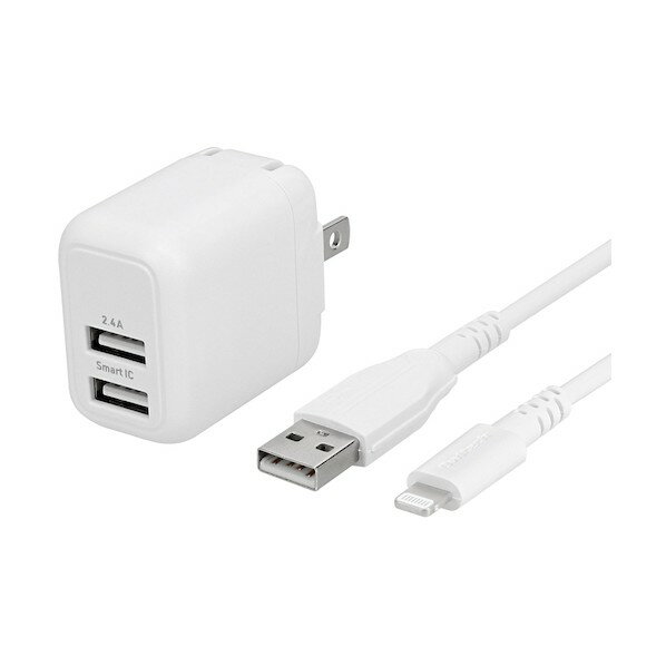 IEebN ő12W USB Type-A 2|[g AC[d + USB Type-A to LightningP[u Zbg OWL-AC12WCBAL20-WH 1