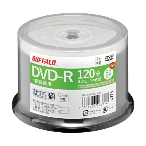 バッファロー 光学メディア DVD-R 録画用 120分 法人チャネル向け 50枚+5枚 RO-DR47V-055PWZ 1点 バッファロー 光学メディア DVD-R 録画用 120分 法人チャネル向け 50枚+5枚 RO-DR47V-055PWZ 1点