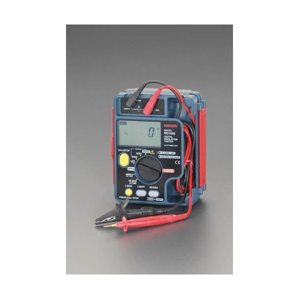 特徴 ●メーカー…三和電気計器（sanwa） ●型番…MG1000 ●定格電圧…DC250V/500V/1000V (3レンジ切換) ●第1有効測定範囲…0.5〜20.0MΩ/1.000〜500MΩ/2.000〜1000MΩ ●直流交流電…600V(自動判別) ●電源…単3電池×6本(付属) ●第2有効測定範囲…0〜0.49MΩ、20.01〜4000MΩ/0〜0.999MΩ、 501〜4000MΩ/0〜1,999MΩ/1001〜4000MΩ ●測定確度…第1有効測定範囲:±(3％rdg＋4dgt)、 第2有効測定範囲:±(5％rdg＋5dgt) ●サイズ…142(W)×57(D)×170(H)mm ●重量…600g ●テストリード付 ●付属電池はテスト電池ですので新しい電池をご購入下さい。 絶縁抵抗計 絶縁抵抗テスター メガー EA709D14