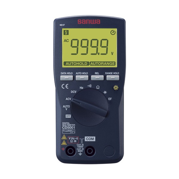 特徴 【特長】 ●IEC61010-1に準拠した安全設計 ●フル4桁9999カウント ●交流測定は真の実効値（True RMS）変換方式 ●オートホールド機能搭載（電圧測定時のみ） ●軽量コンパクトで持ちやすいデザイン ●本体にテストプローブを固定可能 ●大きくて見やすいバックライト搭載表示器 【仕様】 ●直流電圧:999.9m/9.999/99.99/999.9V ●交流電圧:交流電圧 ●直流電流:- ●交流電流:- ●抵抗:999.9n/9.999k/99.99k/999.9k/9.999M/99.99MΩ ●コンデンサ:9.999n/99.99n999.9n/9.999φ/99.99φ/999.9φ/9.999m/99.99mF ●周波数:9.999/99.99/999.9/9.999k/99.99khz ●導通:約30〜70Ω以下で発音。 開放電圧約0.6V ●温度:- ●安全規格規格:IEC61010-1 CAT.IV600V/CAT.III1000V ●電源:LRO3(単4形アルカリ乾電池)1.5VX2本 ●Bluetooth:なし ●付属品:テストリード(ATL101 全長約1.15m/ピン先18mm)、取扱説明書 仕様 サイズ 149X72X37mm 重量 232g 入数 1台 CD5001