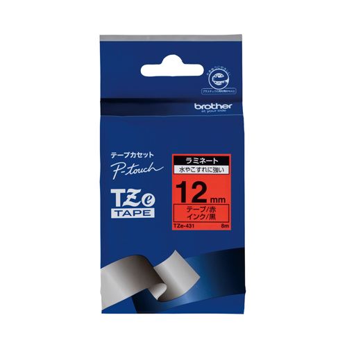 ブラザー ピータッチテープ12mm 赤 黒文字 TZE-431