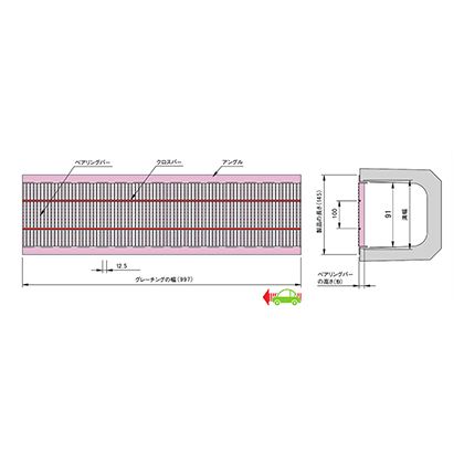 仕様 サイズ 単位(mm)グレーチング寸法:997(b)x91(w)x19(h)、製品長さ:145、アングル寸法:L30x30x3 V1HU31910