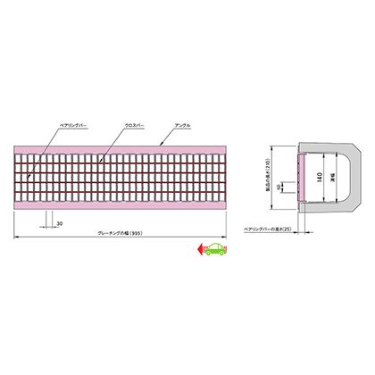 中部コーポレーション グレーチング U字構用 側溝用 並目 単位(mm)グレーチング寸法:995(b)x140(w)x25(h)、製品長さ:210、アングル寸法:L40x40x5 VG5U 25-15