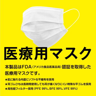 【5月7日より順次発送】3層構造メディカルフェイスマスク 50枚入りMEDICAL FACE MASK BFE 細菌ろ過率 PFE 微粒子ろ過率 VFE ウイルス濾過率 99%