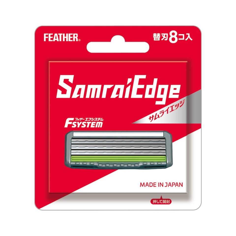 製品について ブランド FEATHER フェザー アイテム FEATHER フェザー エフシステム サムライエッジ 替刃 8個入り フェザー安全剃刀 SE-8 内容量 替刃8個入 原材料・成分 ステンレス刃物鋼・ABS樹脂 JAN 4902470254159 メーカー FEATHER フェザー 広告文責 株式会社TWC【商品詳細】 ●それぞれの刃が独立して動くから、肌のわずかな高低差になじみ、ヒゲのみをキャッチ。 ●さらに、刃先にかかる圧力を分散させ、肌への負担を軽減させる「マイルドブレイド機構」を採用。 ●刃には、なめらかで耐久性に優れたSiCセラミックスコーティングを新採用。 ●サムライエッジホルダーでご使用になると、新機構サスペンション付きヘッドが肌への密着効果をさらに高めます。 ●シェービングに求められる品質と価格を訴求します。 ●現在市販されているフェザーのカートリッジ替刃式ホルダーなら、全て装着可能なエフシステムを採用しています。(F2、MR3ネオ、サムライエッジ) ※リニューアルに伴い、パッケージ・内容等予告なく変更する場合がございます。予めご了承ください。