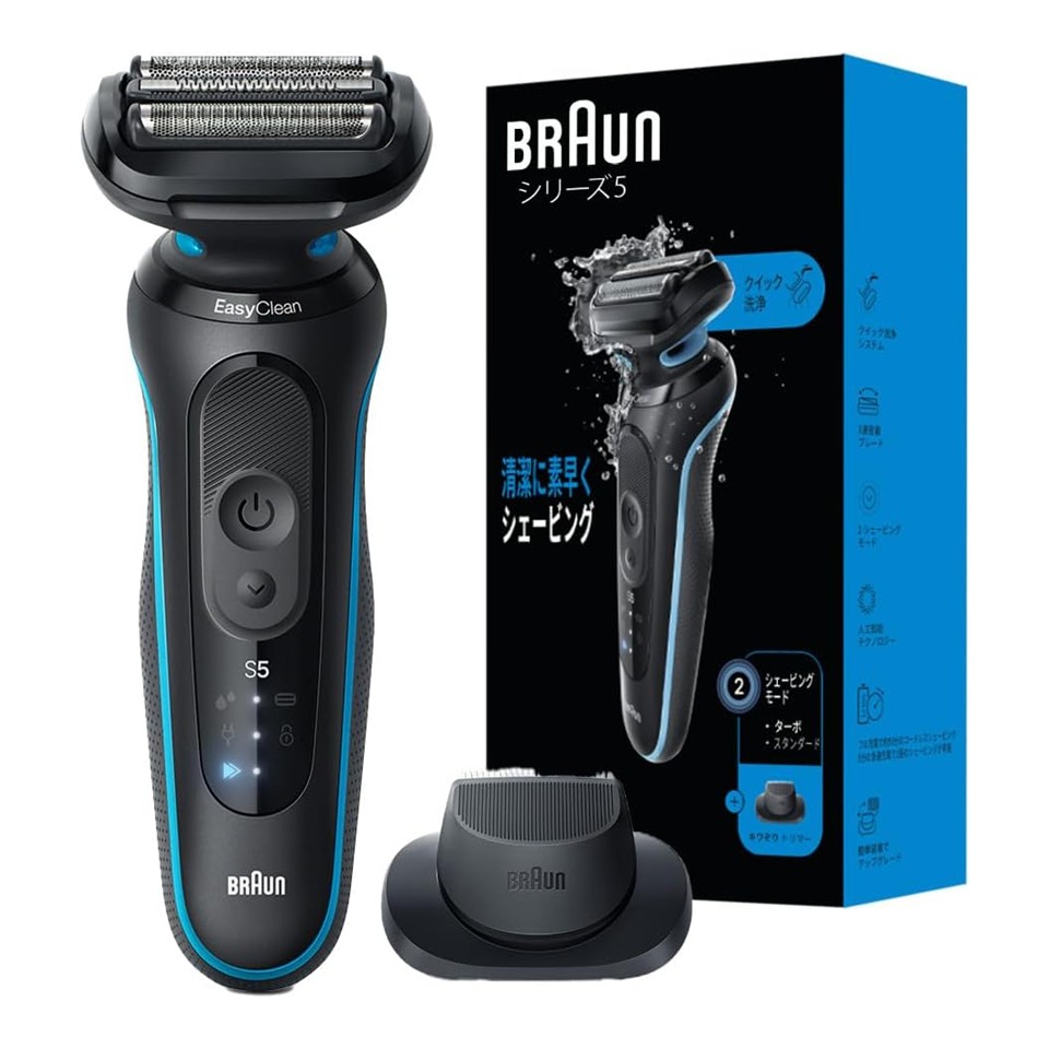 製品について ブランド BRAUN ブラウン アイテム BRAUN ブラウン シリーズ5 電気シェーバー 52-M1200s キワゾリトリマー 防水設計 充電式 コードレス ディープキャッチ網刃 型番 52-M1200s 電源 充電式 充電時間 約60分 連続使用可能時間 約50分 JAN 4987176180261 商品区分 美容家電 / 電気シェーバー 広告文責 株式会社TWC【商品詳細】 ●ブラウン シリーズ5は3連密着ブレードを搭載したシェーバーで、 肌の凹凸にシェーバーヘッドがしっかり密着した状態で髭剃りすることで、簡単に深剃りを実現。 ●3連密着ブレード 3つの刃がそれぞれ独立して浮き沈みすることで、肌にしっかり密着。 ●人工知能テクノロジー 髭の濃さを読み取り毎秒13回自動でパワーを調節し、 ヒゲの濃い箇所でもパワーを落とさず最適なシェービングが可能に。 ●クイック洗浄システム ヘッドを外さずに簡単に清潔洗浄 ●キワゾリトリマー キワゾリトリマーアタッチメントにより、長い髭やもみあげも楽に髭剃り可能に。 ●100%防水設計 100％防水設計でお風呂剃り可能な電気シェーバー。シェービングフォームやシェービングジェルの使用も可能。 ●ディープキャッチ網刃 900パターンの網目をもったディープキャッチ網刃により様々な向きに生えるヒゲを根元からカット。 ※リニューアルに伴い、パッケージ・内容等予告なく変更する場合がございます。予めご了承ください