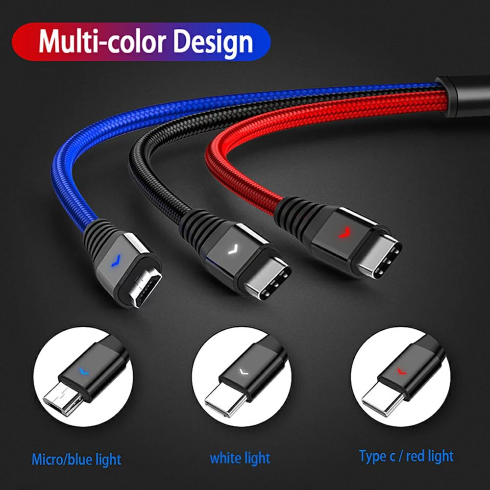 3in1 Lightning・USB-C・Micro-USB 急速充電ケーブル 三色LEDライト付き スマホアクセサリー 充電ケーブル 急速充電 多機能ケーブル 便利グッズ デバイス対応 LEDライト付き モバイル周辺機器 持ち運び便利 USBケーブル【Bill Case】【台湾直送】