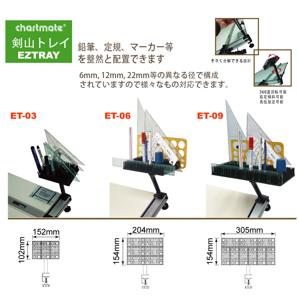 chartmate 剣山トレイ 製図用文具スタンド クランプ固定式 回転角度調整可能 省スペース設計【chartmat..