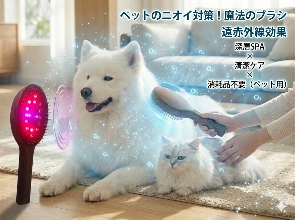 商品情報 海外購入の注意事項 1.個人情報のお取扱いについて 当店は、インターネット通販で取得したお客様の個人情報を、当店からのお知らせや配送業者への委託にのみ使用し、無断で第三者に譲渡・漏洩しません。安心してご利用ください。ただし、法的機関からの提示を求められた場合はこの限りではありません。 2.個人輸入について ● 当店の商品は「個人輸入」として、台湾から直接お客様にお届けします。配送手続きのため、台湾の事業者にお客様の注文情報が提供されますので、同意の上でご注文ください。個人輸入される商品は、全てご注文者自身の「個人使用・個人消費（日本に居住する者に寄贈される物で、当該寄贈を受ける者の個人的な使用に供される場合を含みます。）」が前提となります。第三者への譲渡・転売が法令で禁止されるもの（医薬品、医薬部外品、化粧品等を含みますが、これに限られません。）もございますのでご注意下さい。 ● 当店の商品に関する注意事項として、楽天市場の税金についてお知らせいたします。詳細は以下のリンクをご参照ください：税金に関するお知らせ ・商品価格・保険料・送料等の合計金額が16,666円以下の場合は通常、関税や消費税は免除されますが、16,666円を超える場合は消費税（10%）および関税が課税される可能性があります。 ・課税の有無は税関の判断によるため、当店では事前に確定することはできません。商品の種類や税関の判断によって異なるため、正確な金額を予想することは難しいです。 3.キャンセル・返品・交換について ● お客様都合によるキャンセル： ・ご注文から30分以内は、理由の有無を問わずキャンセル可能です。 ・ただし、以下の場合はキャンセルできません： 楽天会員登録を利用していない注文 予約購入/定期購入/頒布会の注文 配送日時指定で最短お届け日を指定している注文 ● 特別なご事情によるキャンセル： ご注文後24時間以内にご連絡ください。24時間を過ぎるとキャンセルが難しくなります。 ・ 商品到着後は中身をご確認ください。特に不具合がある場合は、必ず写真を撮ってください。 ・お客様のご都合による返品・交換は承れません。 4.配送について ご注文確定後（お支払いが完了し、システムにてご注文が確定された後）、7営業日以内に発送いたします。 発送完了後、通常1週間程度でお届け先に到着する見込みです。 したがって、ご注文確定からお届けまでの期間は、通常15日前後となります。【ここがポイント！】 ◆オゾン脱臭：根元からニオイの元をケア。気になるニオイを抑えます。 ◆遠赤外線ケア：波長の力でめぐりにアプローチ。おうちでサロン級の心地よさを。 ◆UVクリーン：ライトの力で被毛を衛生的に。見えない汚れをスッキリ整えます。 ◆ふわふわの毛並み：抜け毛をキャッチし、なでるたびまとまる理想の仕上がりへ。 ◆さまざまな犬種・猫種に対応：すべての猫、小型犬・中型犬にお使いいただけます。 【商品詳細】 「お散歩帰りの汚れ」や「気になる体臭」も、とかすだけで手軽に解決。 毎日のシャンプーは大変だから。日々のブラッシングで健やかな毛並みを保ちます。 ◆見えない汚れも、スマートに解決 UVとオゾンの力で、皮脂や環境によるニオイをリフレッシュ。 ◆苦手なブラッシングが、癒やしの時間に ブラシが苦手な子にも試してほしい、遠赤外線の穏やかな刺激。 ◆肌にやさしい安心の設計 肌に優しいピン先丸形加工。皮膚を傷つけず、奥の抜け毛までしっかり届きます。 ◆毎日手軽に使いやすい 手に馴染むフォルムとType-C充電のコードレス仕様。場所を選ばず、気になった時にすぐケア。
