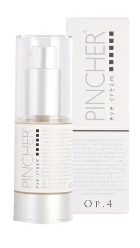 [名称] PINCHER® eye cream Op.4 ピンシャー® アイクリームOp.4 [内容量]　25g 毎日1番 負担をかけてきたから 毎日1番 守っていかなければいけない。 〜目元用に開発された特殊原料をみつけました〜 [なぜアイクリームが必要なのか] 目元の皮膚は頬の皮膚の3分の1の厚さのうえ、1日に約2万回近くまばたきをすることから非常に乾燥しやすく、カサつきを感じやすい部分。 ここまで1日に皮膚が伸びたり縮んだりする場所は他の部位にはありません。さらに目の周りにだけ皮脂腺が少なく汗も脂もほとんど出ないのです。 つまり肌の水分を守る力が弱い場所。だから “外からケア” が必須！ さらに対話をするとき相手は1番年齢を感じやすい場所。 そんな大切な目元だからこそ、他の部分以上に“特別な方法”でケアをすべきだとPINCHERは考えます。 [ご使用方法] 1）大変伸びが良いので、基本使用量は1プッシュ。軽く手の甲で馴染ませます。人肌に温めることで成分が活性し浸透力もアップ。 2）上まぶたと下まぶたに数ヶ所、均等に点置きします。 3）指の腹を使ってやさしくなじませます。目頭側から目尻側へ優しくスライド。優しくマッサージするように5回ほど繰り返します。 4）細部まで伸ばし、特に気になる小じわには再度少量のアイクリームを重ね付けを。下まぶたや目尻など付けすぎなくらいで就寝するのがポイントです。 ※目の周りの皮膚は大変デリケートです。決して擦りすぎず、滑らせるように優しくお手入れしましょう。 [成分] [目元用原料5%強化配合] 目元用に開発された原料です。 (パルミトイルテトラペプチド-7を主に構成されています) 肌の角質層に作用し、加齢により減少してしまったコラーゲンをサポートすることで皮膚の柔軟性、弾力、ハリのある肌を作るポイントとなります。 20代後半から滑り台のようなグラフで減少していくペプチドをしっかり補充し続けることが目元には特に大切になってきます。 [脂肪由来幹細胞たんぱく質抽出物] 人間の皮下脂肪から培養された肝細胞培養液です。約130種類の人体にやさしい天然たんぱく質の複合体。 培養液であり幹細胞自体が入っているわけではありませんので、ガン化や遺伝病になる心配のない成分です。安全性が確認された幹細胞を無菌の設備で培養した成分なので、加熱処理を行わずタンパク質の構造を破壊しないまま製造されています。 目元は繊細な皮膚。 年齢肌に弾力をもたらし、肌を美しくします。 年齢が気になる肌にはヒト由来の天然たんぱく質が必要不可欠と考えています。 [3種のセラミドとビタミンA油] セラミドとは皮膚の1番外側の角質と細胞の間を埋める細胞間にある脂質です。“ 乾燥 ”はこの脂質不足から生じる現象です。特徴のあるセラミド3種類を採用し、しっかり脂質の代役を潤いを補うことが大切。さらにビタミンA油で自身のもつ潤いや全ての原料を外側からバリア。この2つは表皮から大切な働きをしてくれる原料です。 [5種の植物エキス] アロエベラ葉、カンゾウ根、マグワ根皮、クズ根、クロレラ。 200種類以上の有効成分が含まれているアロエベラを中心に厳選した植物エキスを配合。 保湿効果、整肌作用など、優れた特性を目元で活かせる5種を選びました。 [使用上および取り扱い上の注意] ●お肌に異常が生じていないかをよく注意して使用してください。化粧品がお肌に合わないとき即ち次のような場合には、使用を中止してください。 そのまま化粧品類の使用を続けますと、症状を悪化させることがありますので、皮膚科専門医等にご相談されることをおすすめします。 （1）使用中、赤味、はれ、かゆみ、刺激、色抜け（白斑等）や黒ずみ等の異常があらわれた場合 （2）使用したお肌に、直射日光が当たって上記のような異常があらわれた場合 ●傷やはれもの、しっしん等、異常のある部位にはお使いにならないでください。 ●目に入らないようご注意ください。入ったときは、こすらずに、すぐに洗い流してください。目に異物感が残る場合は、眼科医にご相談ください。 [保管及び取り扱い上のご注意] （1）容器の口を清潔にしてご使用ください。使用後は必ずしっかり蓋をしめてください。 （2）乳幼児の手の届かないところに保管してください。（3）極端に高温又は低温の場所、直射日光のあたる場所には保管しないでください。 [販売元]　株式会社Twenty company 東京都世田谷区世田谷 3-3-3　グランドステータス世田谷 4F 03-5426-0156 メーカー名 PINCHER&reg; 製造メーカー 株式会社リセル 商品区分 日本製　化粧品 広告文責 株式会社TwentyCompany(TEL：03-5426-0156)