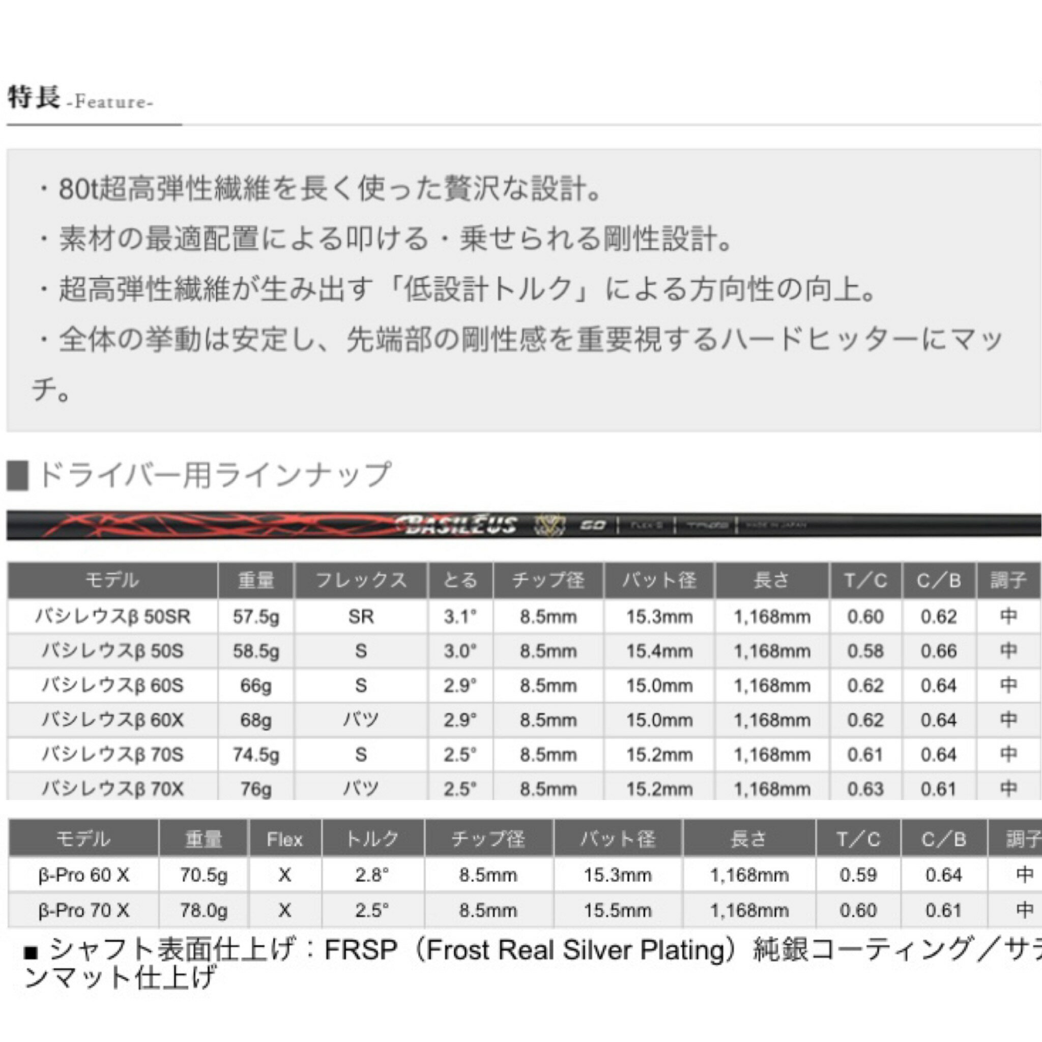 特別価格 スペック限定 CB 【スパイン調整無料！】 Basileus β Basileus β PRO SPEC コブラ F9 F8 F7 KING LTD RADSPEED対応 スリーブ付 ドライバー ゴルフ シャフト バシレウス ベータ 60(X) 70(X) プロスペック Pro 60(X) Pro 70(X) 2