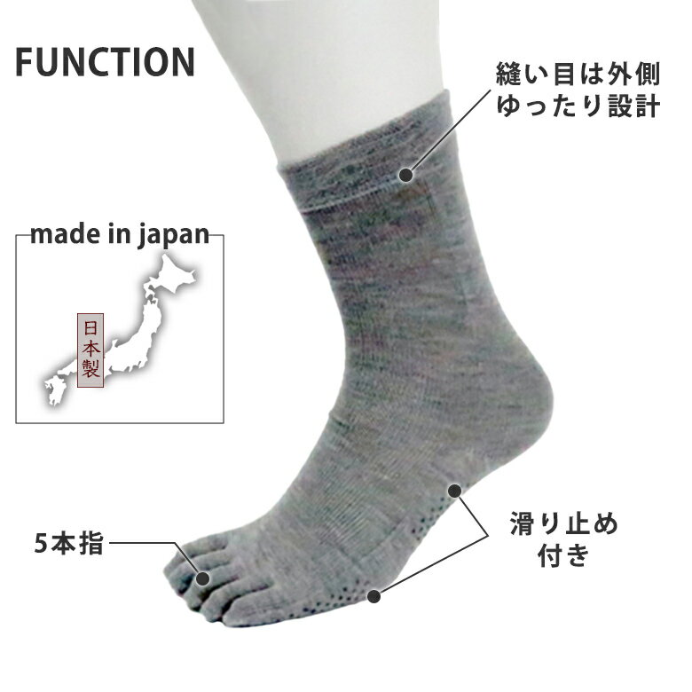 口ゴムゆったり5本指 すべり止め ソックス (2色) 紳士用 日本製 外反母趾 五本指靴下 5本指ソックス 跡がつかない むくみ 足のむくみ 痛み 痒くならない 痒い 五本指 グレー ネイビー シンプル 灰色 紺色 スーツ 革靴