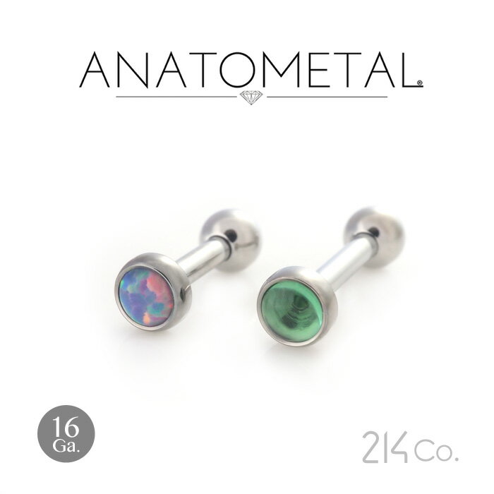 16Ga. ステンレス製 ストレートバーベル & チタン製 ベゼルカボション ジェムエンド 3mm ANATOMETAL