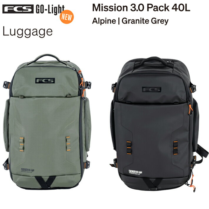 FCS　エフシーエス キャリーバッグ FCS GO-Light Collection MISSON PACK 40L 伝説の機能性を誇るミッション40Lバックパックが、新たなデザインで復活。 ■概要 軽量化と耐久性の向上を実現。 遠隔地のサーフスポットや冒険地への旅で遭遇する過酷な環境にも耐える設計でありながら、 通勤や週末の日常的な活動にも最適です。 ■FCS GO-Light Collection 信頼できるアドベンチャーギア。 比類なき耐久性とコンパクト軽量設計で、過酷な環境下でもあなたと装備を保護します。 ■主な機能 ・450D 防水TPUシェル 耐摩耗性PRCコーティングリップストップ生地が水の浸入を防ぎ、長持ち ・ModuLink コネクトシステム 着脱式パイオニアポーチ＆ミッションウィーリーと互換性あり ・耐水性ジッパー 信頼性の高い高品質・耐腐食性・長寿命ジッパー ・断熱構造 PEフォーム製内部壁で究極の保護と断熱性を実現 ・パッド入り17インチノートPCポケット PEフォームパッド入りコンパートメントでノートPCと書類を保護 ・フリース製貴重品ポケット スマートフォン、サングラス、財布を素早く取り出せるコンパートメント ・バックサポートパネル 超ソフトで通気性に優れた背部サポート ・大型ウォーターボトルポケット 直径100mmまでのボトルに対応 ・内部テック収納コンパートメント テック機器やアクセサリーを整理できるポケット ・サイドコンプレッションストラップ コンパクトで安全な移動を実現する締め付け機能 ■Size 長さ：54cm 横幅：36cm 深さ：22cm 重さ：1.6kg その他ボードケースはこちらから ※メーカー希望小売価格はメーカーカタログに基づいて掲載していますスタイルと素材をアップデートすることにより新たにデザインされた FCSバックパックは、使い易さと耐久性にフォーカスし、 その機能性は 旅における経験をさらに向上させるでしょう このレンジでは性質の異なる2つのカテゴリー；DAY とTRAVELを紹 介します。 日常的な使用から、非日常的なサーフトリップまで、FCSバッ クパックは全てのサーファーをサポートします