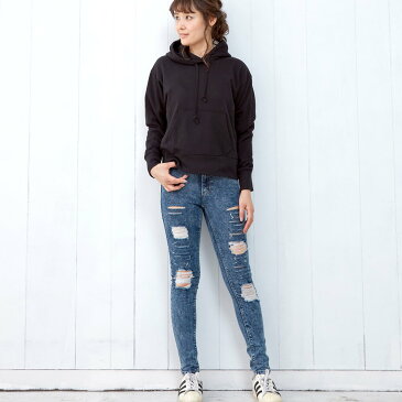 破れ加工 スキニーデニム スキニージーンズ ストレッチスキニー スキニーパンツ 美脚 ハイウエスト スキニー 黒 ブラック デニムパンツ ボタンジーンズ ジーパン タイト スリム ストレッチ ストレート パギンス