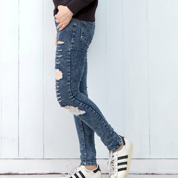 破れ加工 スキニーデニム スキニージーンズ ストレッチスキニー スキニーパンツ 美脚 ハイウエスト スキニー 黒 ブラック デニムパンツ ボタンジーンズ ジーパン タイト スリム ストレッチ ストレート パギンス